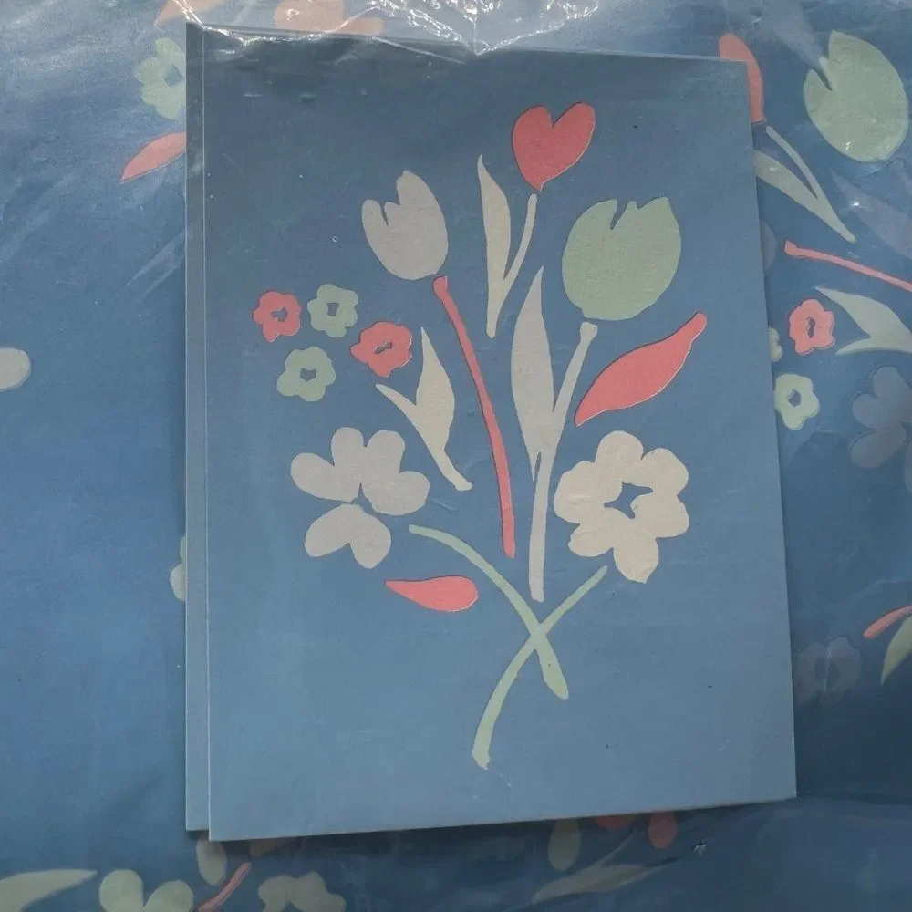Vintage retro wrapping paper and matching card blue flower